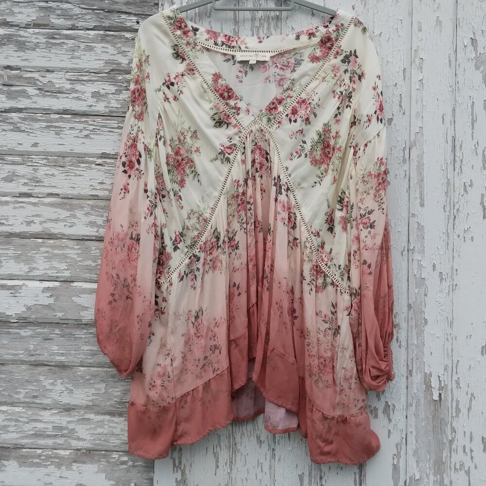 Penelope Rose Peasant Top Size 1X Dusty Rose Floral V Neck Puff 3/4 Sleeves